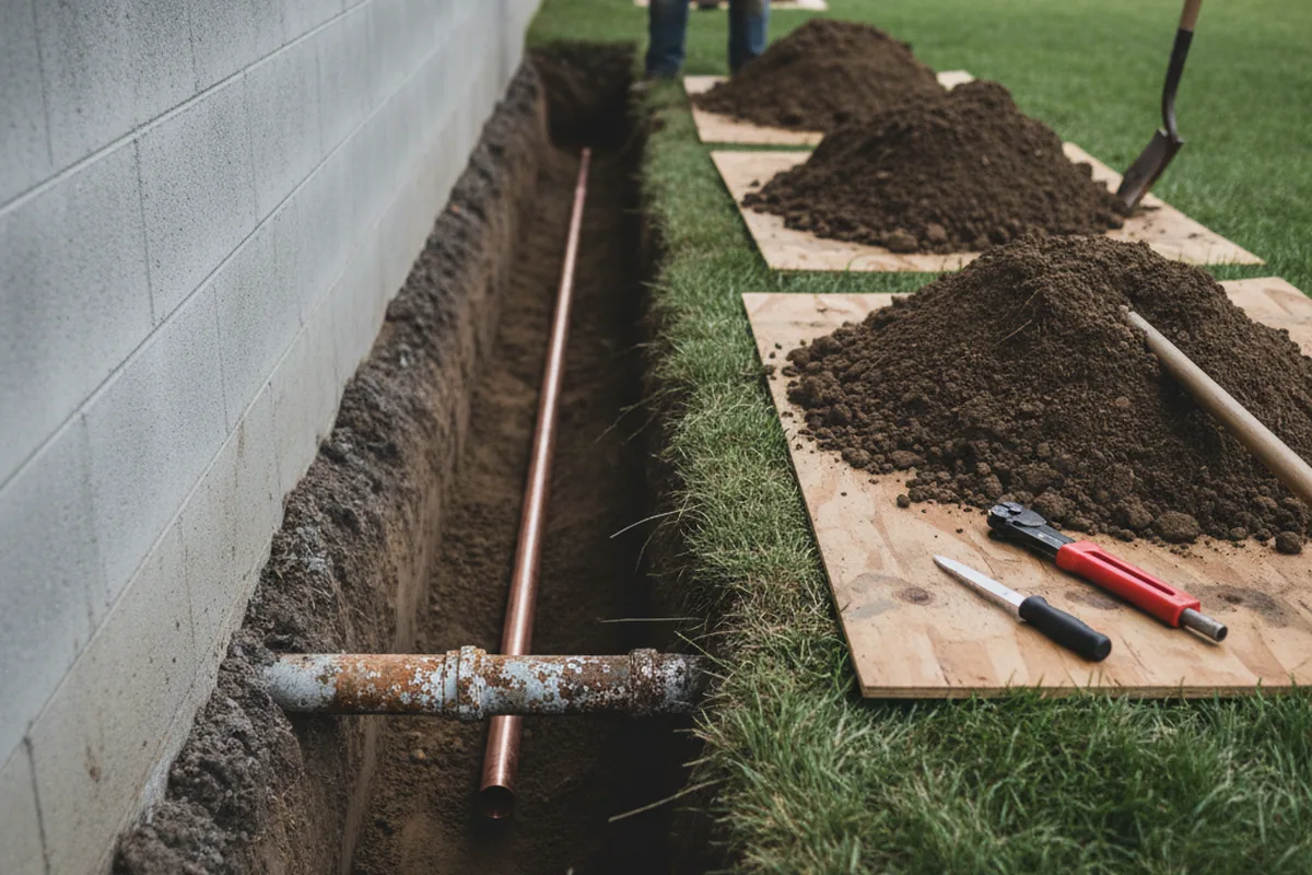 Excavated water line trench during Water Heater Repair in Carrollton